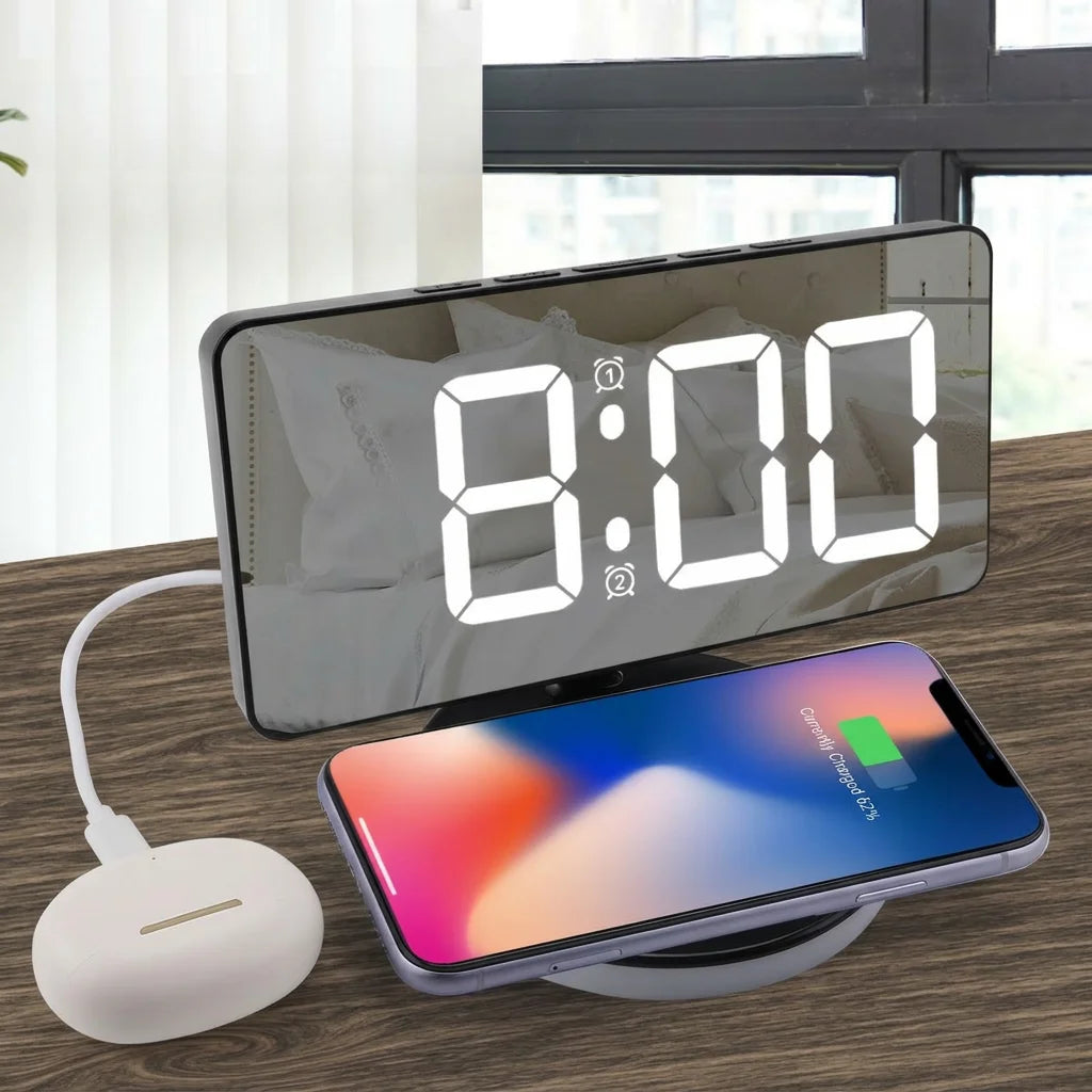 LED Mirror Alarm Clock – 15W Wireless Charging & RGB Night Light