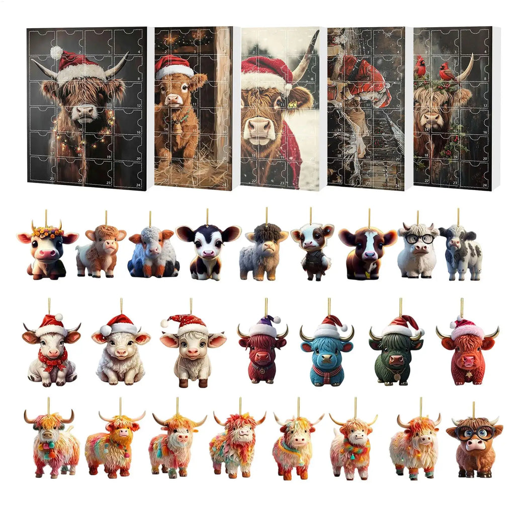 Christmas Advent Calendar Highland Cow Ornaments 2D Acrylic Cute