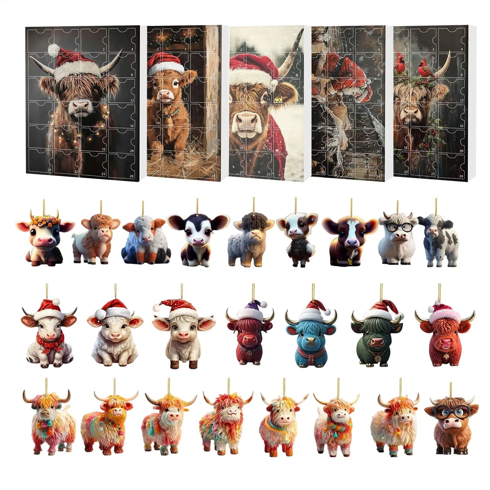 Christmas Advent Calendar Highland Cow Ornaments 2D Acrylic Cute