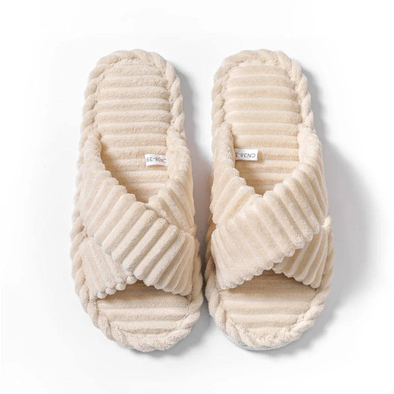 Fashion Corduroy Cross Band Open Toe Home Slippers Women Autumn
