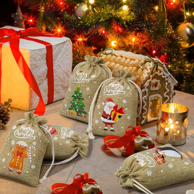 Christmas Burlap Bags Drawstring Linen Sacks Reindeer Tree Designs