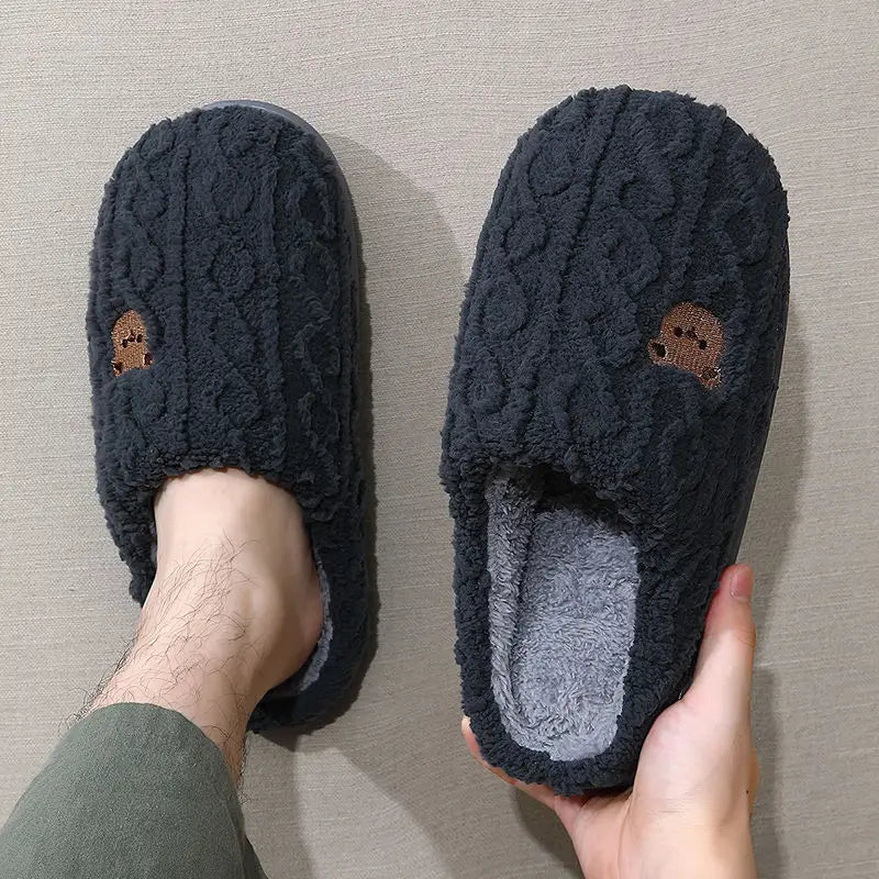 Winter Fluffy Shoes Women Cotton Slippers Cartoon Bear Thick Sole