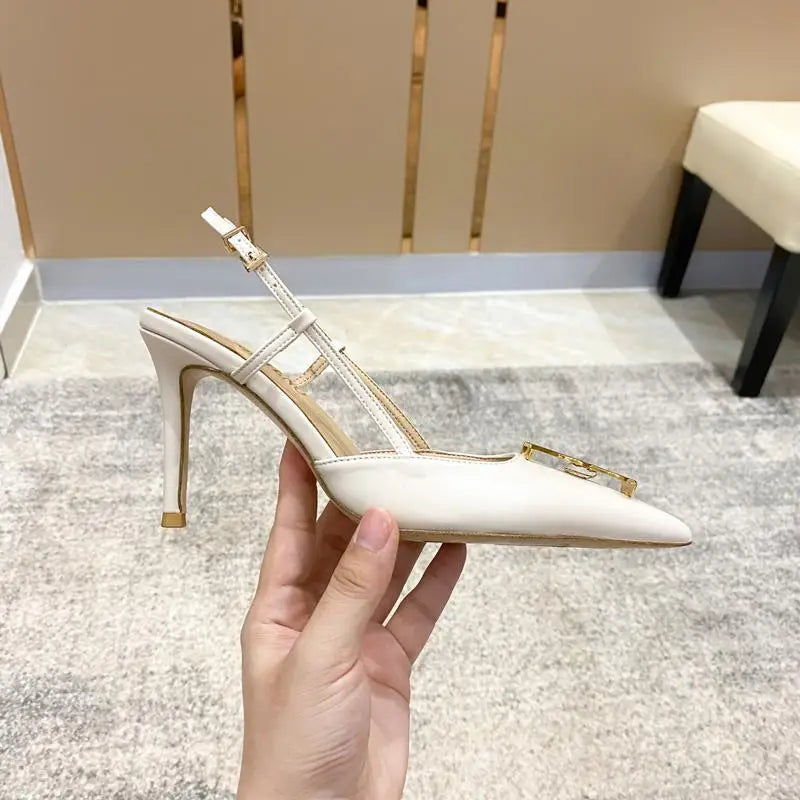 Sandals Women's Shoes Summer New Popular Metal Button Baotou Fashion Thin Heel Pointed Back Strap Single Shoes Sandales Zpaxo