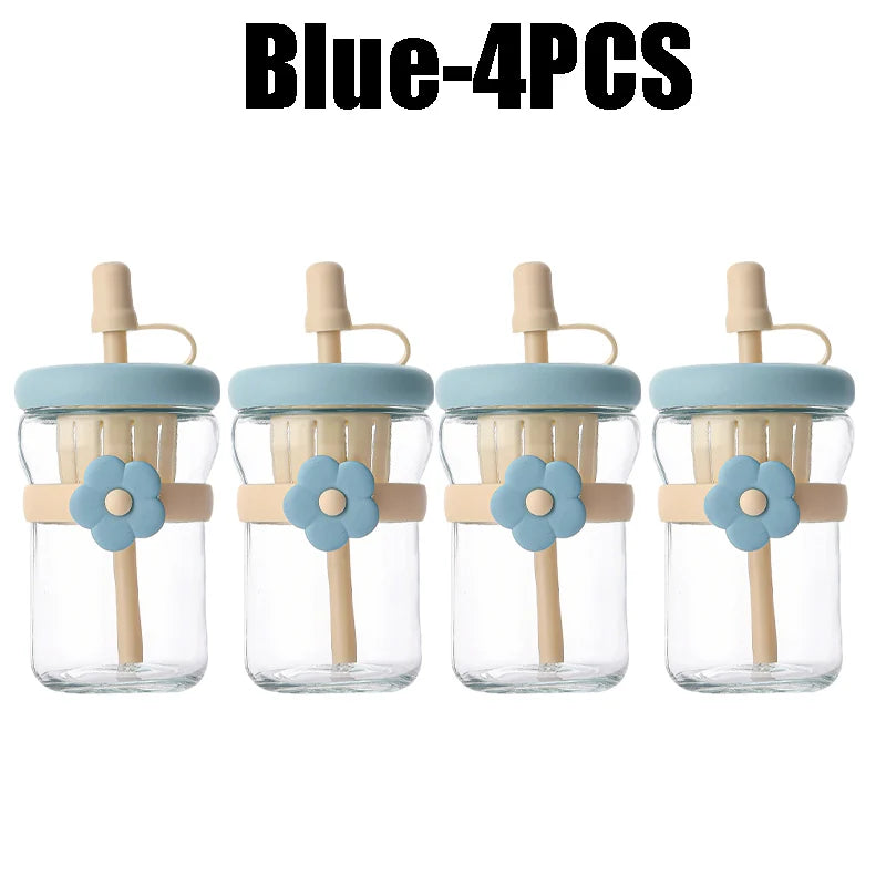 Glass Flower Cartoon Tea Strainer Cold Brew Straw Tumbler Leak-proof Zpaxo Blue-4PCS 500ml