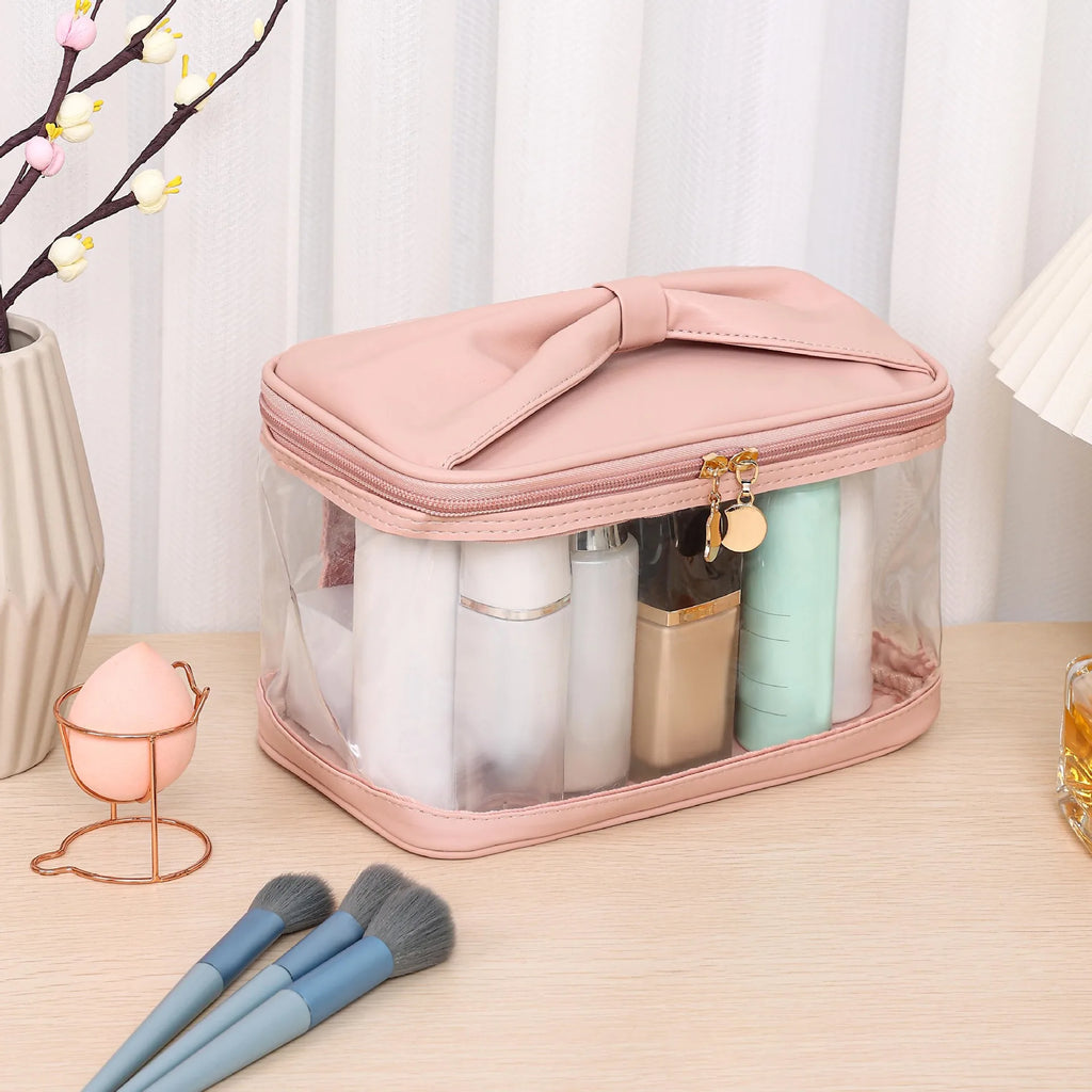 Clear PU Cosmetic Bag Butterfly Knot Large Capacity Toiletry
