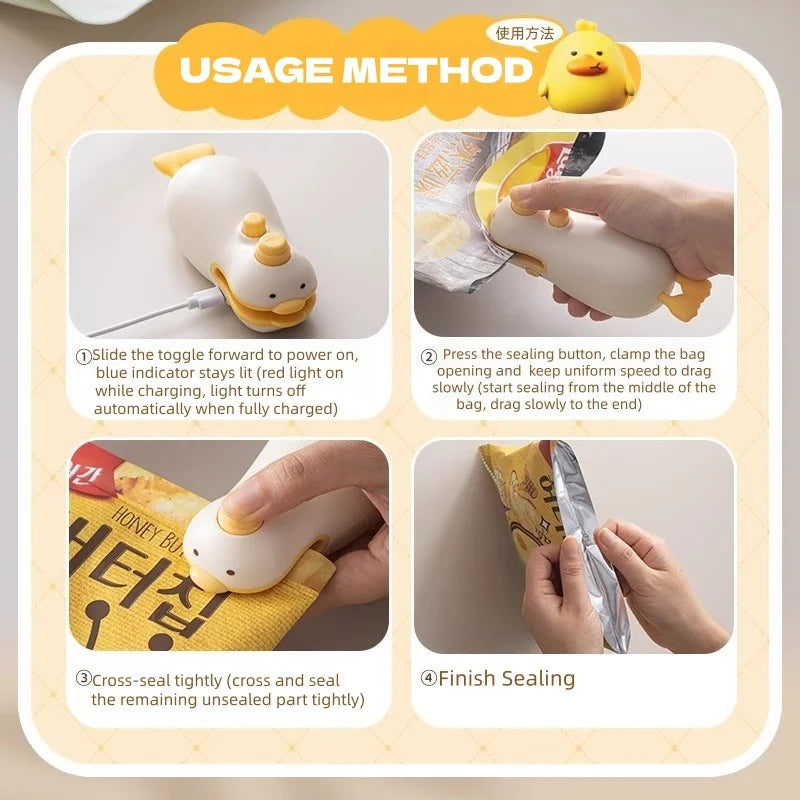 Cute Duck Rechargeable Handheld Sealer ABS Silicone 400mAh Portable