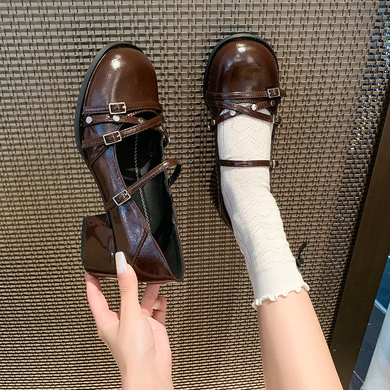 Spring Autumn Women's Solid Round Closed Toe Comfortable Mid Heel Zpaxo coffee 42