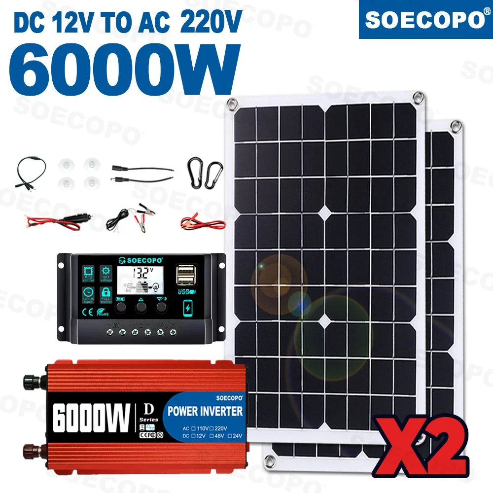 6000W Complete MINI Solar Kit SOECOPO 2*500W Solar Panels+100A Controller+DC 12V - AC 110V/220V Inverter USB 5V/1.5A Zpaxo 220V Solar Set