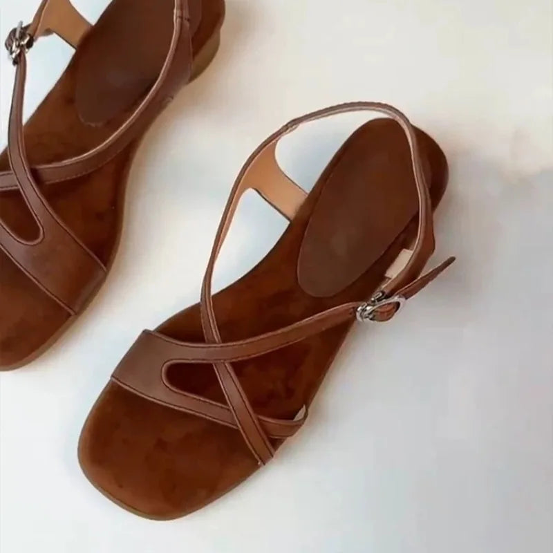 Women's Square Open Toe Vintage Hollow Out Breathable Sandals Women Zpaxo Brown 35