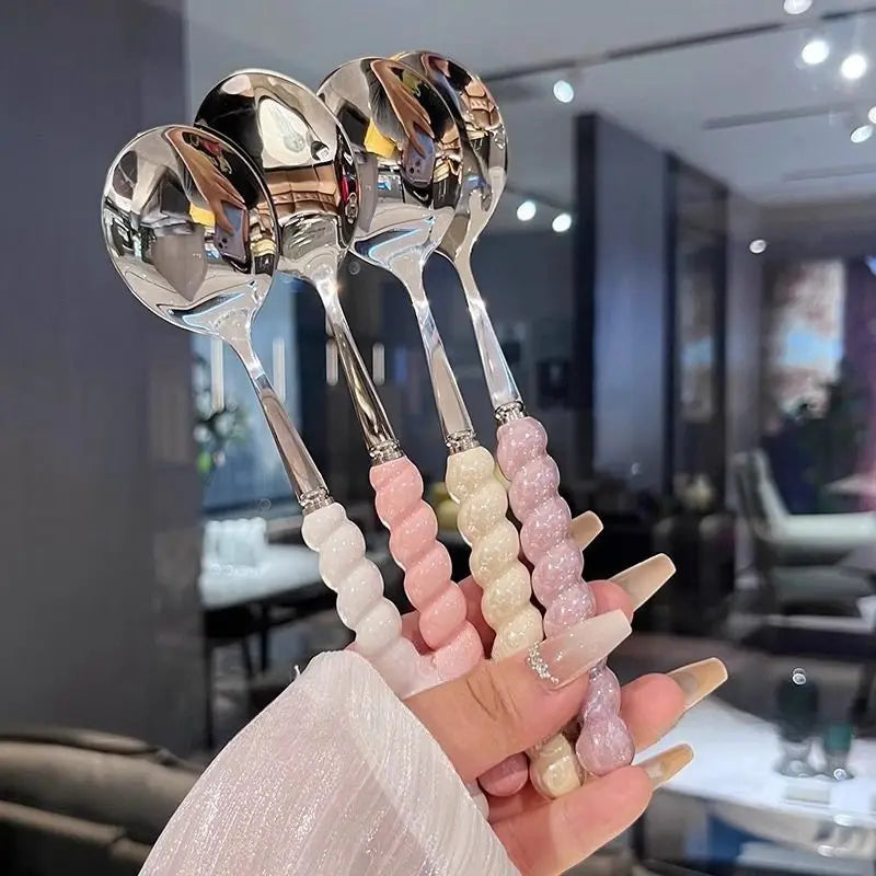 Pearl Ceramic Handle Stainless Steel Long Spoon – 4 Colors Kitchen Spoon Zpaxo