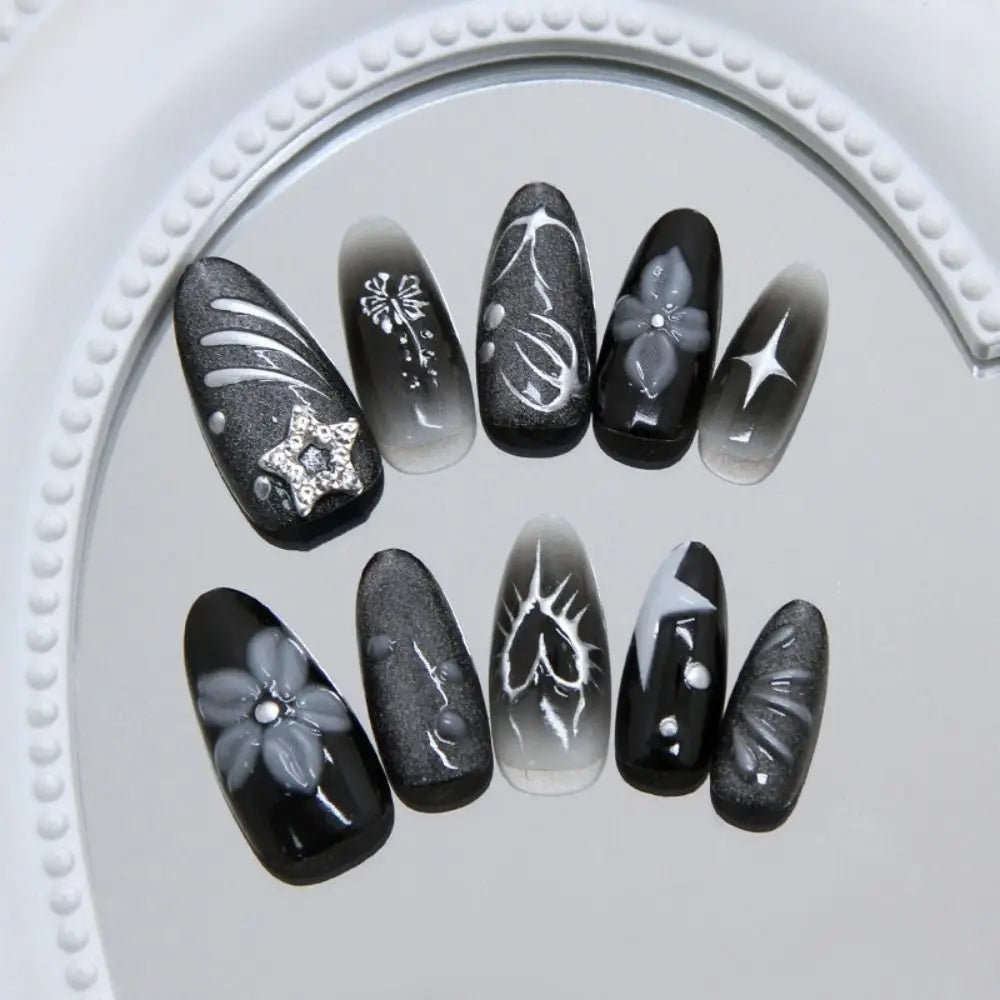 Manicure Long Almond False Nails French Flowers Heart-shaped Stripes Zpaxo