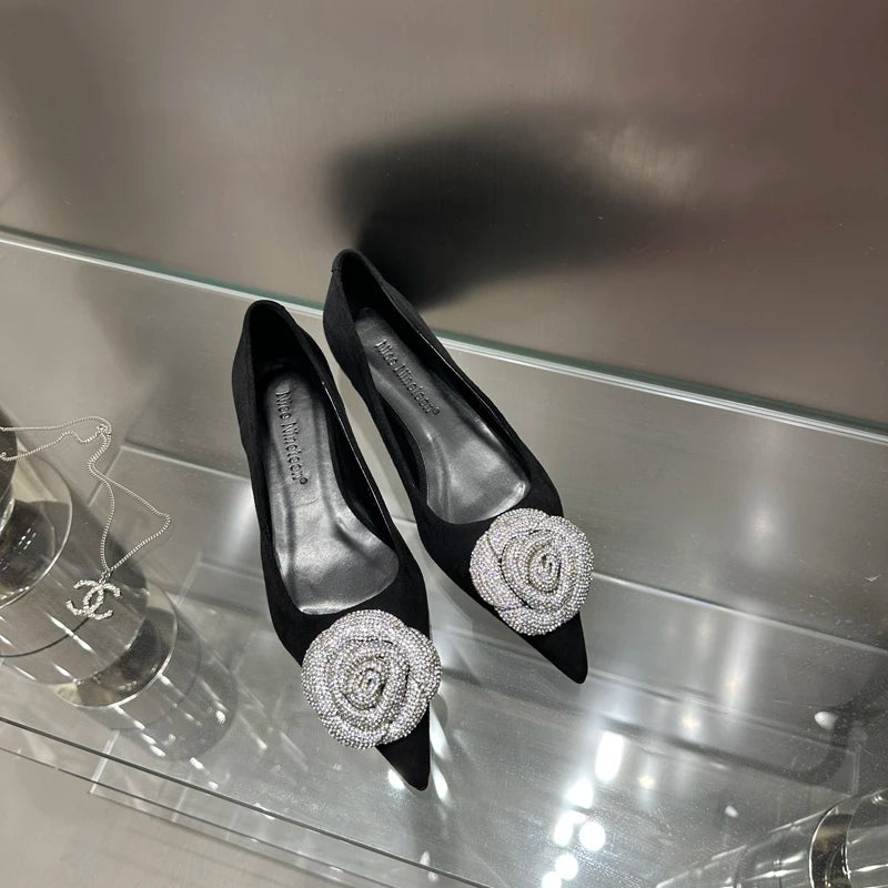 Flat Shoes for Women 2025 Spring Autumn Casual Diamond Rose Flower Shallow Mouth Black Low Heel Pointed Toe Ladies Shoes Zpaxo