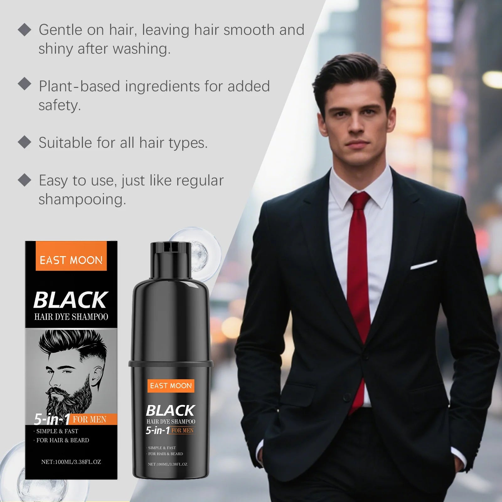 East Moon Black Men's Hair Shampoo Gentle Enhances Color Naturally Even Shine Covers Gray Hair and White Beard Daily Hair Care Zpaxo
