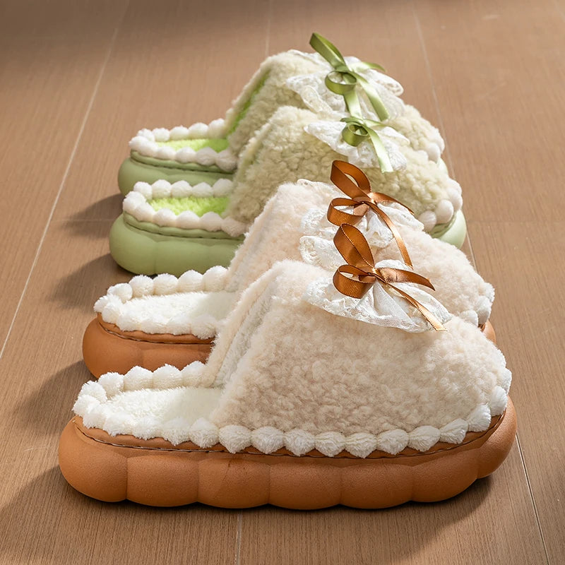 Winter Warm Fur Slippers Women Thick-soled Household Cute Bow Non