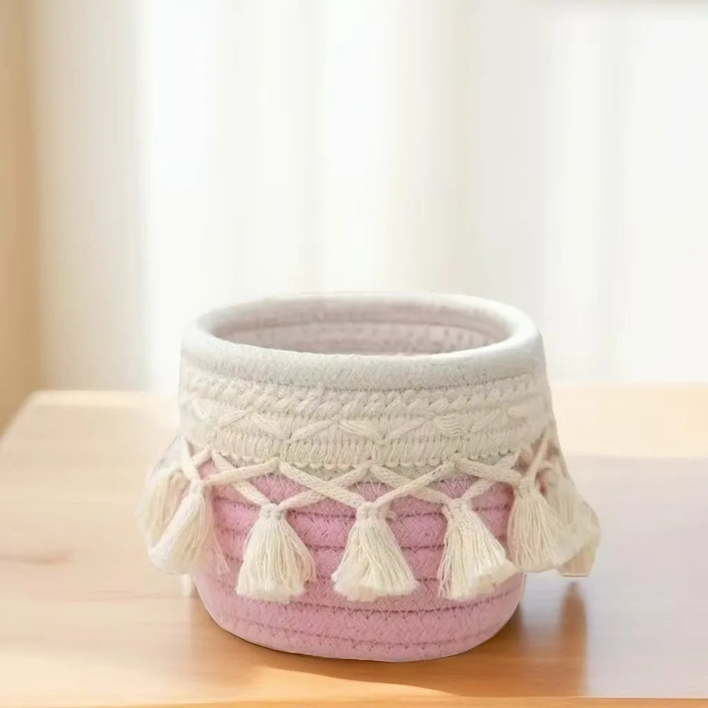 Tassel Makeup Brush Holder – Wicker Cosmetic Organizer Basket Cosmetic Organizer Basket Zpaxo Pink 12 10cm
