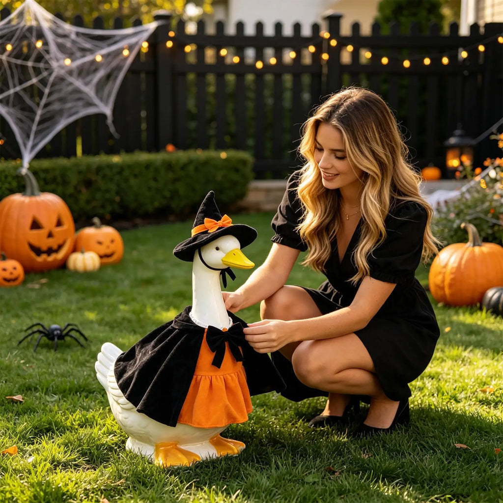 Halloween Goose Outfit Pumpkin Witch Hat Clothing Decor Porch Outfits