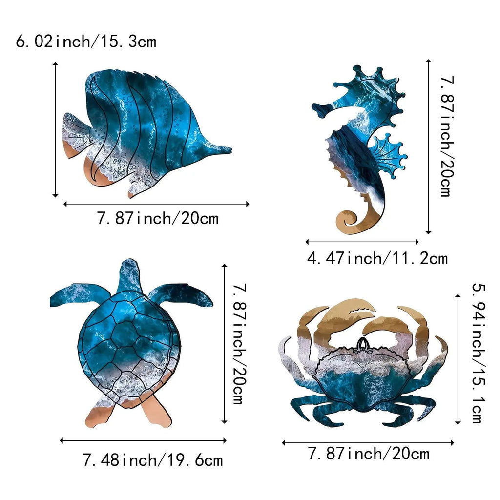 4x Sea Turtle Seahorse Crabs Fish Wall Sculpture Coastal Nautical Art for Cafe Lake House Ocean Bathroom Living Room Hotel Zpaxo