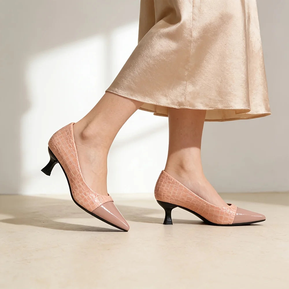 Nude Pink Pointed Toe Block Heel Pumps – Faux Leather
