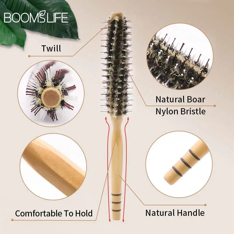 Natural Boar Bristle Rolling Brush Barber Hair Roller Wood Hair Brush Round Barrel Hair Comb for Women Curly Hair Hairdressing Zpaxo