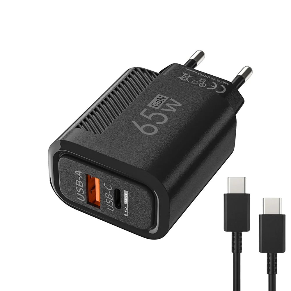 65W USB-C Charger GaN Fast Charging PD Type C Cable Mobile Phone Adapter For iPhone 16 Xiaomi Samsung Xiaomi QC 3.0 Wall Charger Zpaxo EU Black 1m Cable