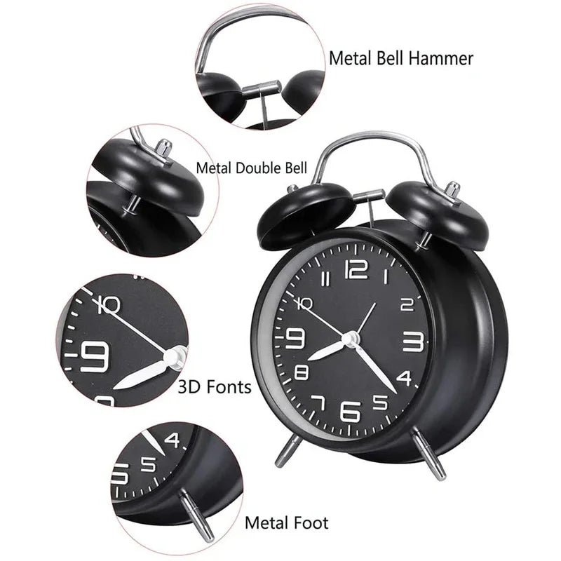 Metal Frame Twin Bell Alarm Clock 3D Dial Backlight Loud