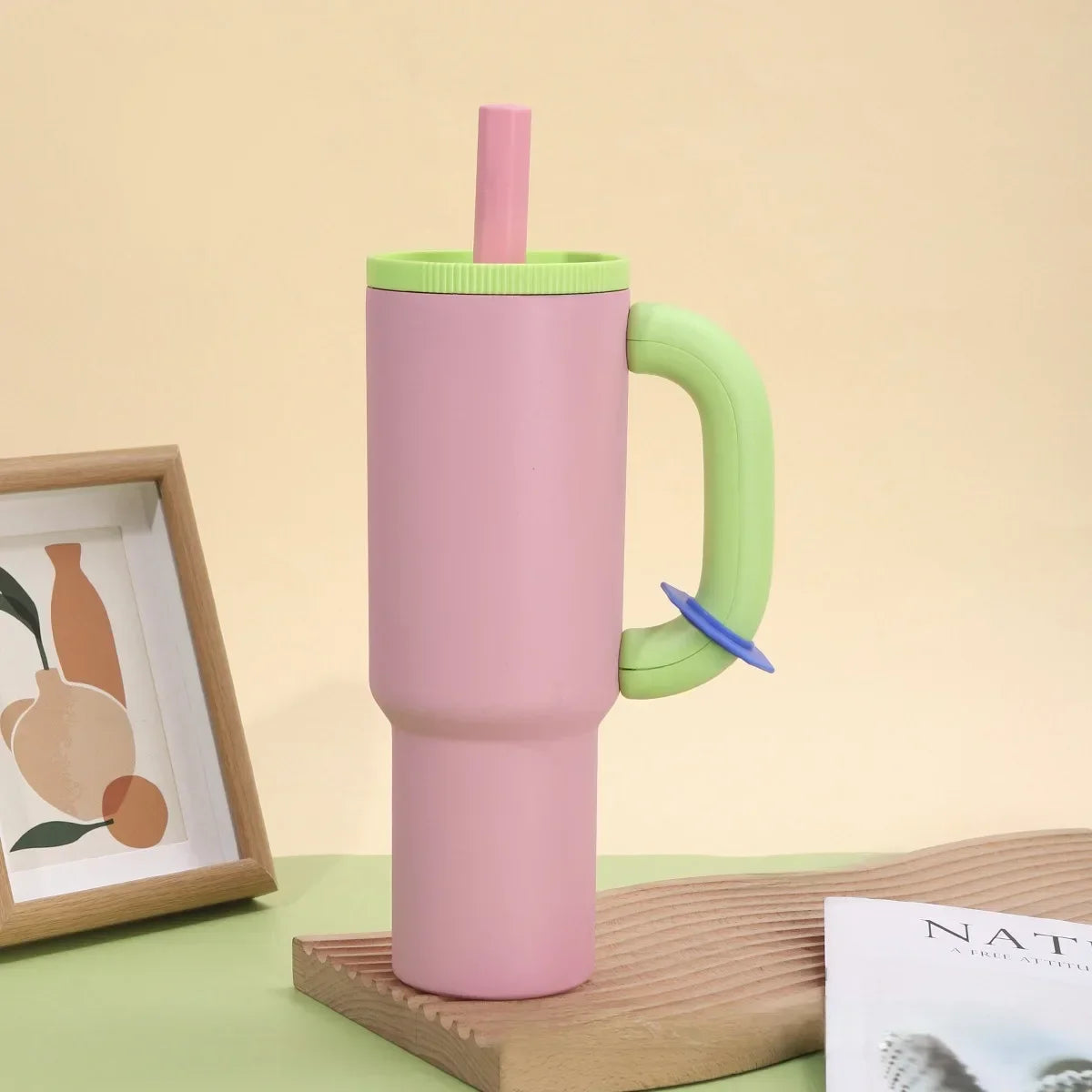 Stainless Steel Insulated Ice Cup with Handle & Straw | Large Insulated Tumbler Zpaxo Pink 40oz