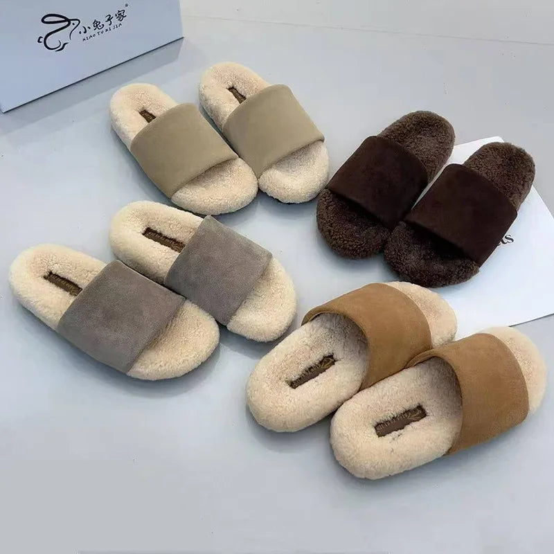 Flats Women Slippers Fur Casual Shoes Suede 2025 Winter Open Toe