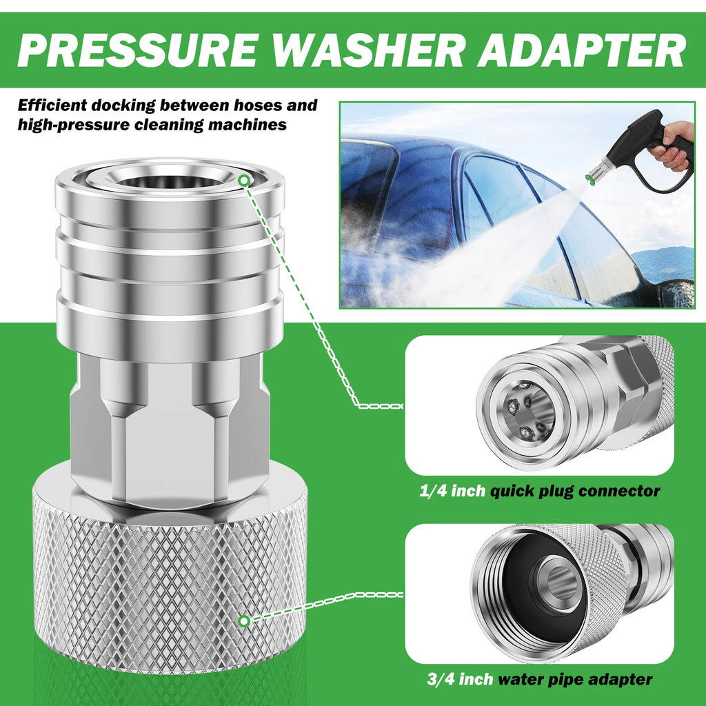 Garden Hose Power Washer Adapter 3/4 GHT to 1/4 Quick Connect Leak Leak Proof Stainless Steel Coupler with Spray Nozzle Tips Set Zpaxo