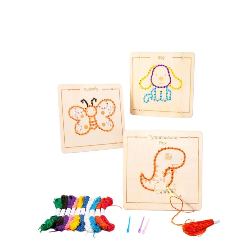 Wooden String Art Lacing Board Dinosaur Animal Threading Card DIY
