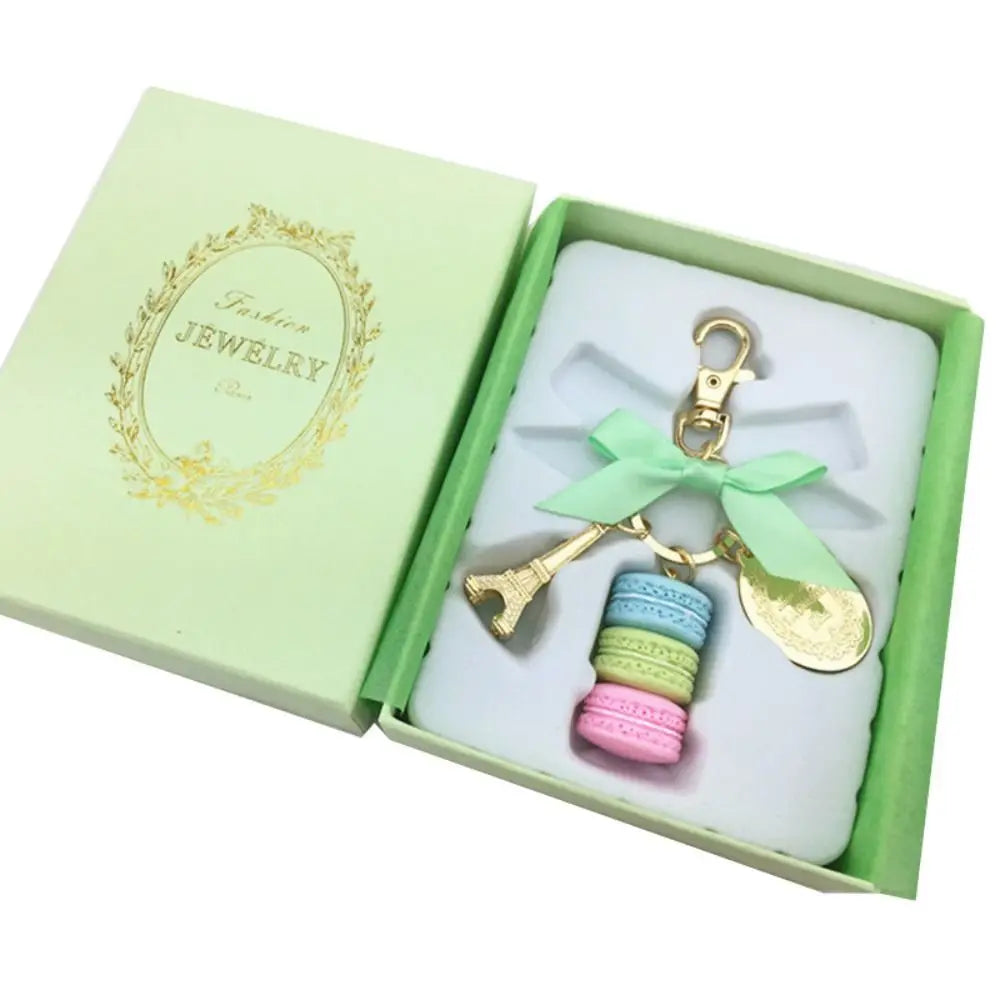 Alloy Bowknot Macaron Cake Pendant Bag Charm Gold Color Eiffel Tower Key Chains Kawaii Dessert Macaron Key Ring Women Girls Zpaxo