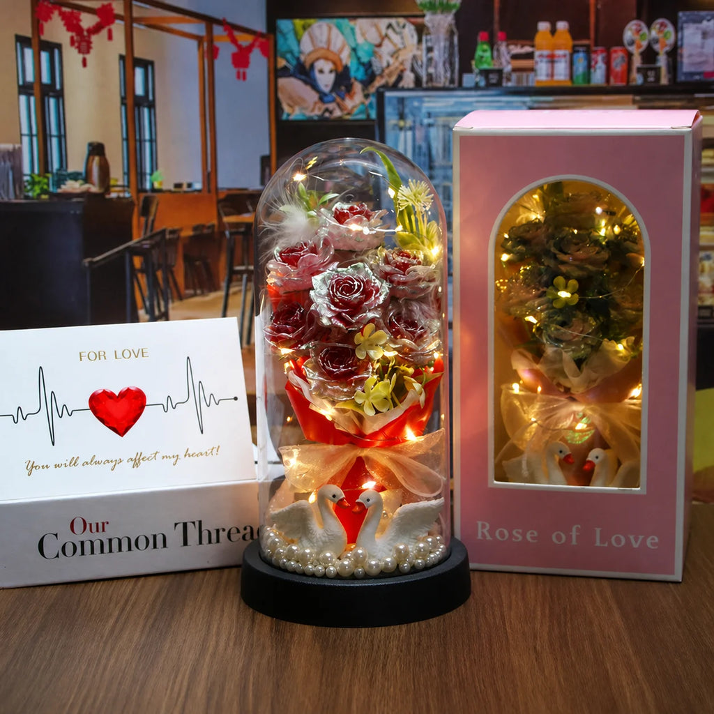 Glass Dome Rose Ornament with LED Night Light – Handmade Gift