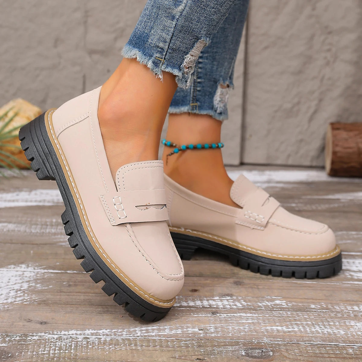 Women Outdoor Platform Loafers Thick Heel Slip on Shoes Spring Autumn British Style Shoes Woman Comfortable Flats Sneakers Women Zpaxo Beige 38