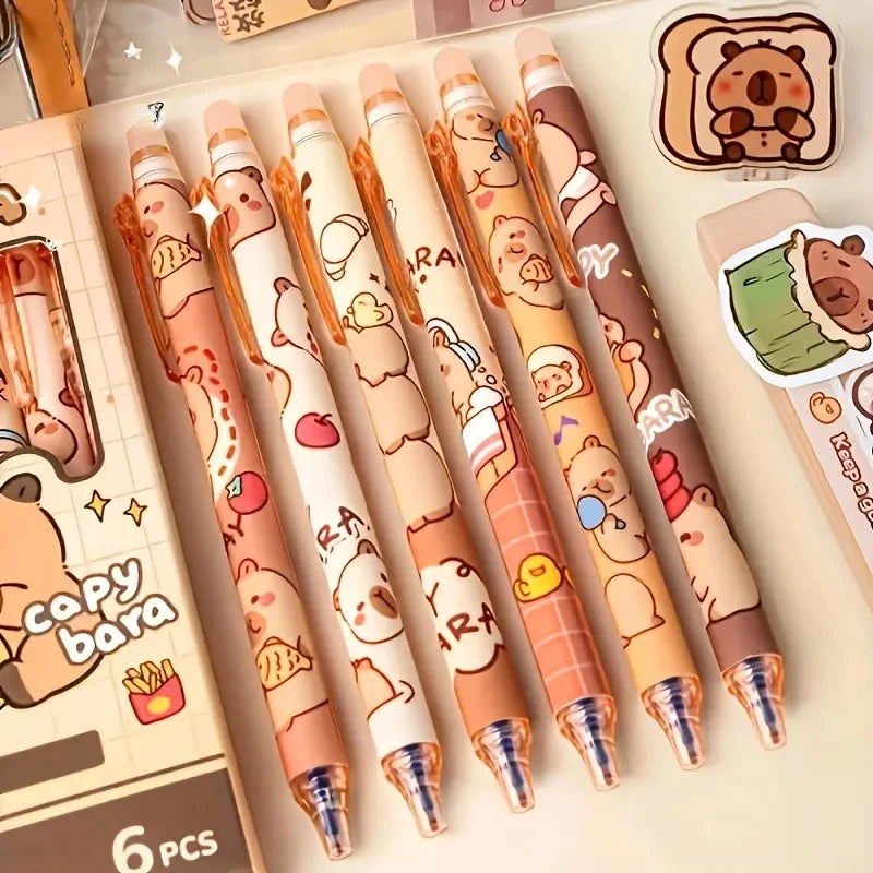 Cute Capybara Erasable Gel Pens 6 Colors Retractable Blue Ink Smooth