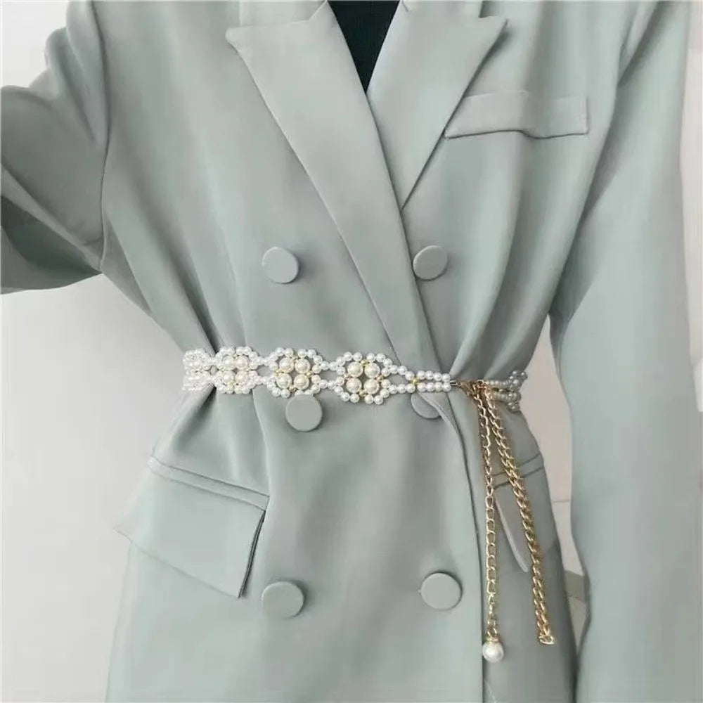 New Elegant Pearl Waist Chain French Style Adjustable Body Jewelry Y2K Style Waist Belt For Women Dresses Zpaxo C