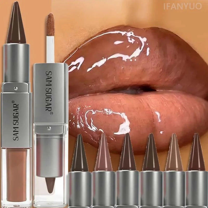 2IN1 Tapered Lipliner Lipstick Pen Nude Brown Mirror Glass Lip Gloss Matte Gradient Lip Liner Waterproof Lips Contour Pen Makeup Zpaxo