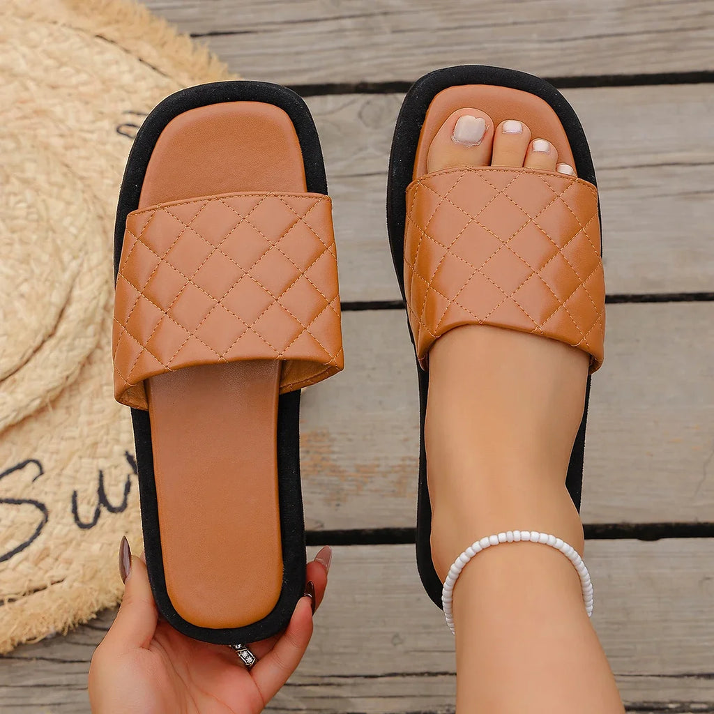Women Slippers Casual Thick Heel Sandals Fashionable Diamond Pattern