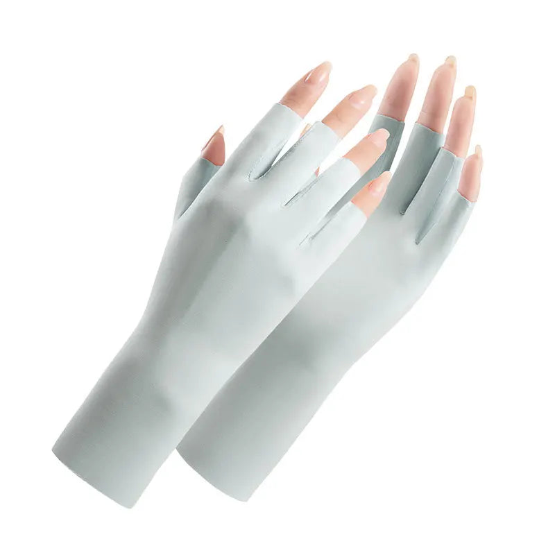 Summer sun protection gloves for women UV resistant thin nail art outdoor cycling breathable ice silk sun protection gloves Zpaxo Light gray gloves