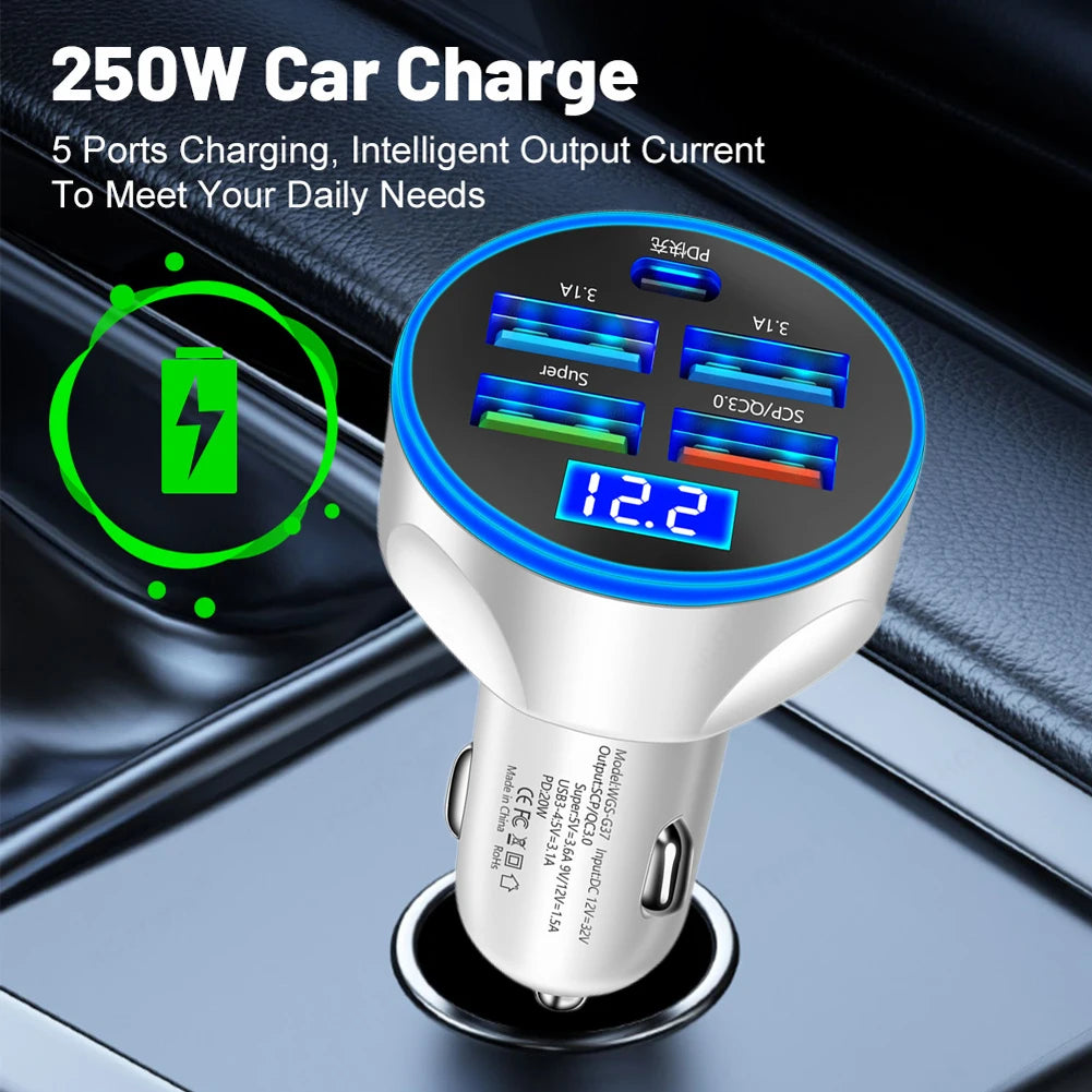250W 5 Ports Car Charger Fast Charging PD QC3 0 USB C Phone Adapter