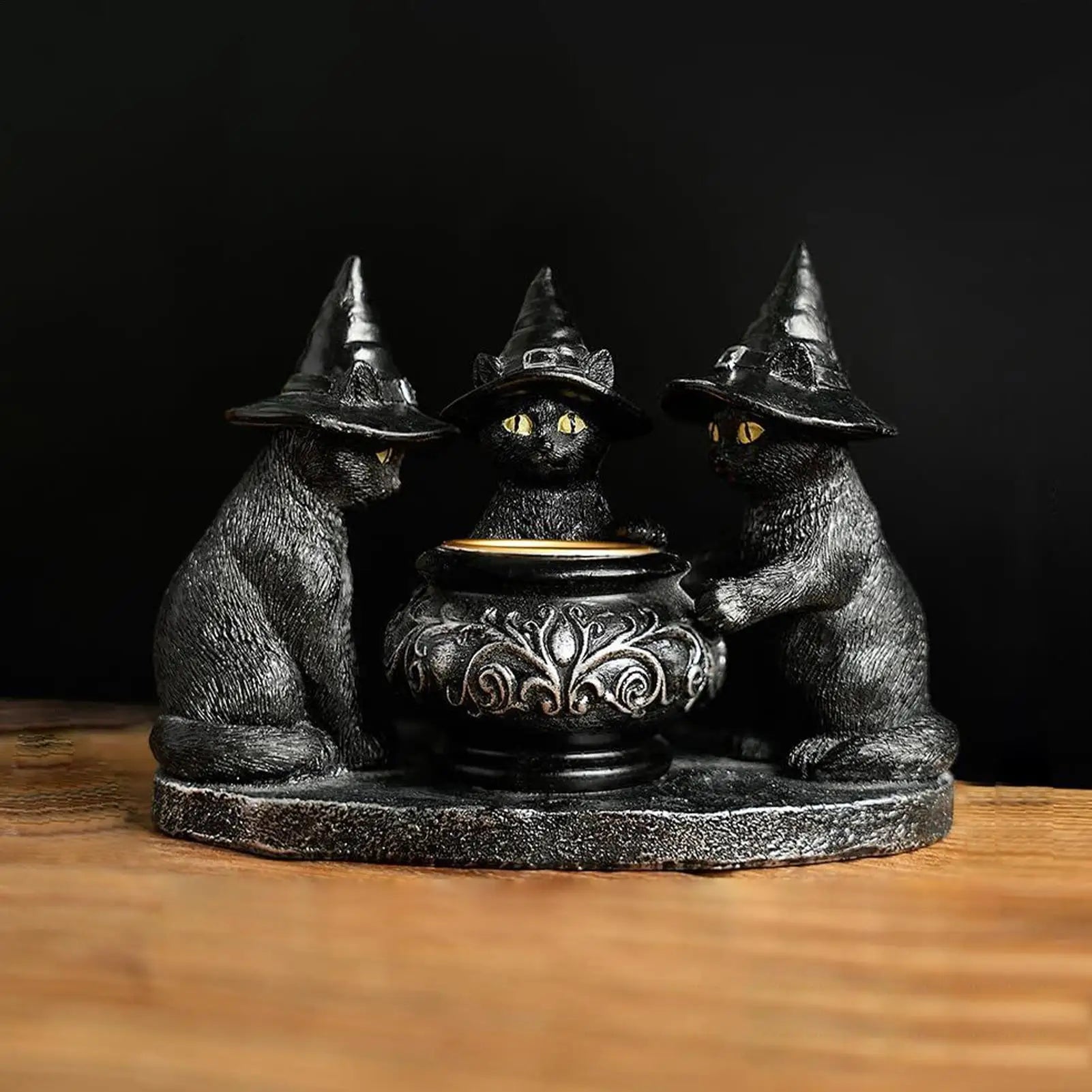Halloween Black Cat Candlestick Resin Witch Statue Tealight Candle