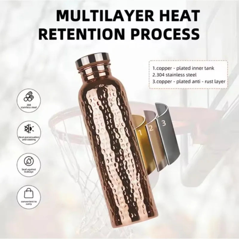 New 800ML Electroplated Copper Water Bottle One-Click Open Lid Stainless Steel Hammer Pattern Cup Sports Water Bottle Zpaxo