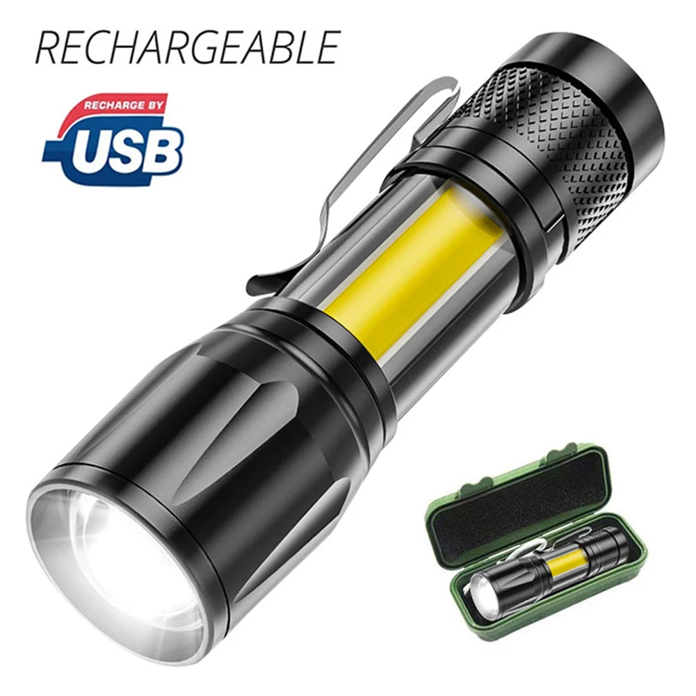 XPE+COB LED Flashlight USB Rechargeable Portable Telescopic Zoom