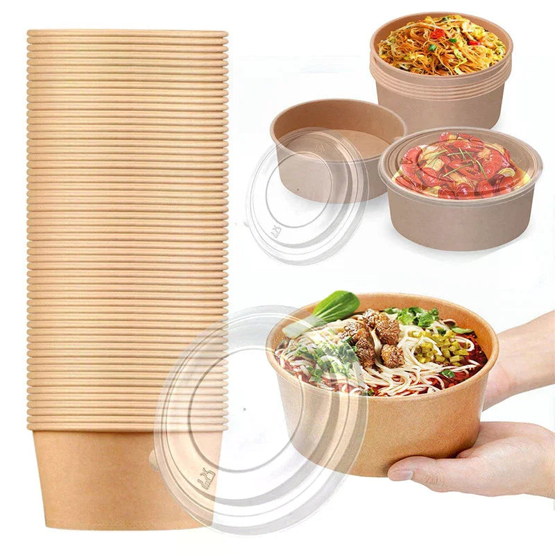 50-Pack 750mldisposable Salad Bowls Kraft Paper Transparent Lids Zpaxo