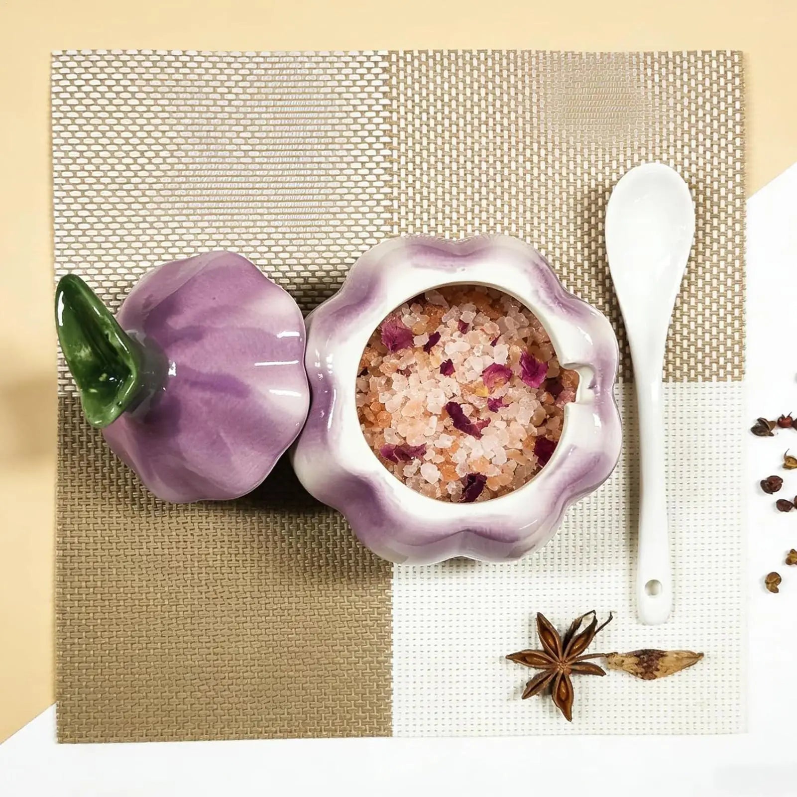 Salt Cellar Kitchen Ceramic Sugar Container Lid Spoon Onion Shaped