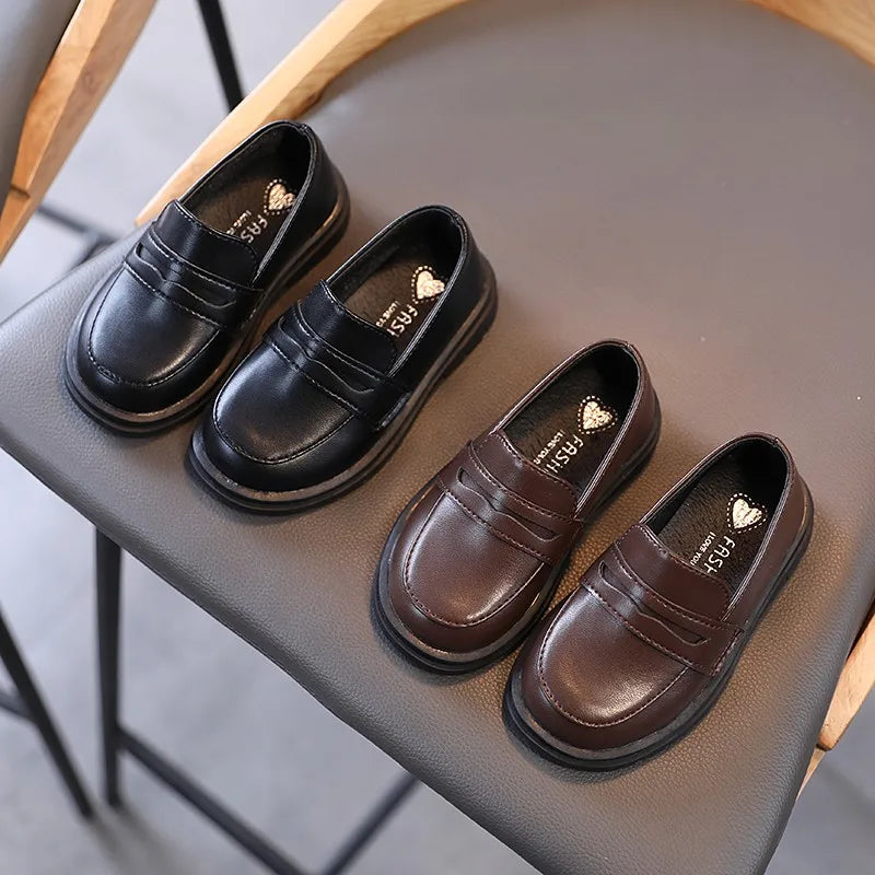 Kids Loafers Slip-on Pu Leather Shallow Black Brown Boys Girls Flat Zpaxo