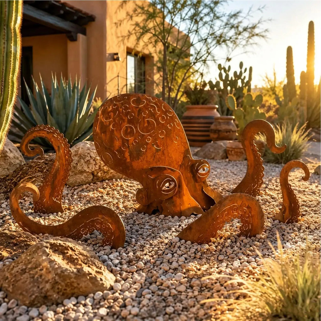 Octopus Statue Vintage Iron Squid Sculpture Figurine Coastal Art Rust Giant Octopus for Outdoor Lawn Pathway Park Backyard Patio Zpaxo