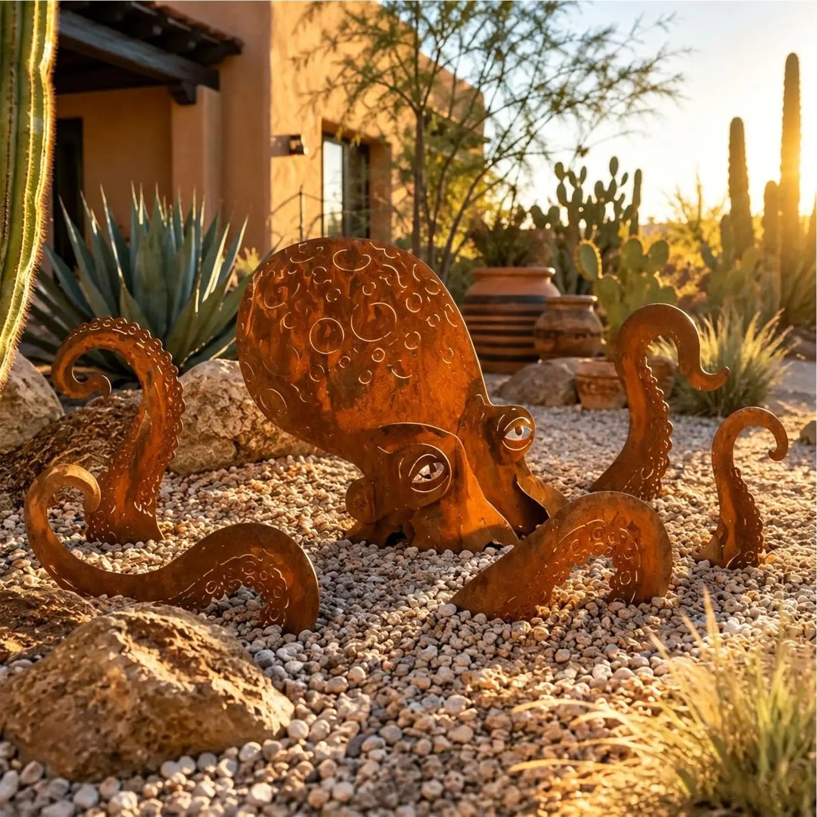 Octopus Statue Vintage Iron Squid Sculpture Figurine Coastal Art Rust Giant Octopus for Outdoor Lawn Pathway Park Backyard Patio Zpaxo