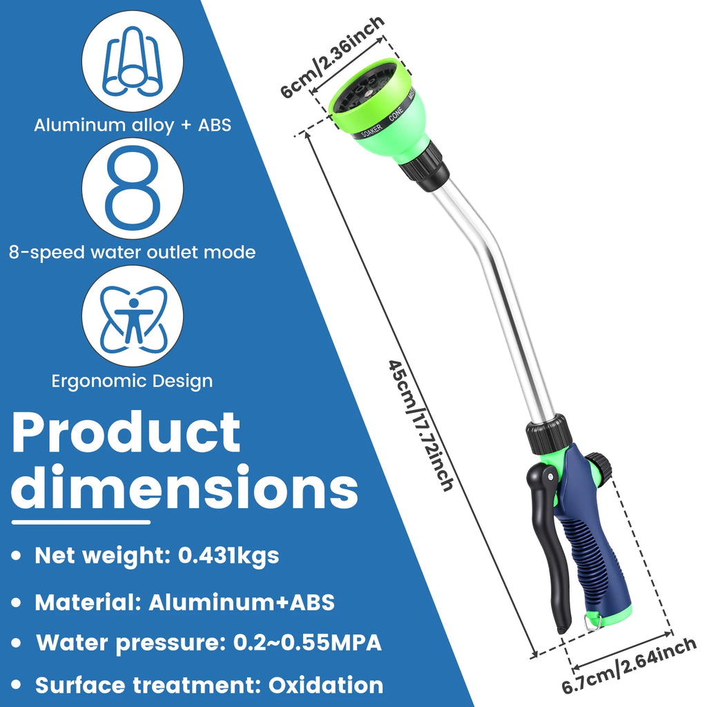 Watering Wand Garden Hose Spray Nozzle 8 Pattern Long Wand Sprayer High Pressure Flow Control Watering Gun for Yard Patio Cleani Zpaxo 18inch US regulations 1pc