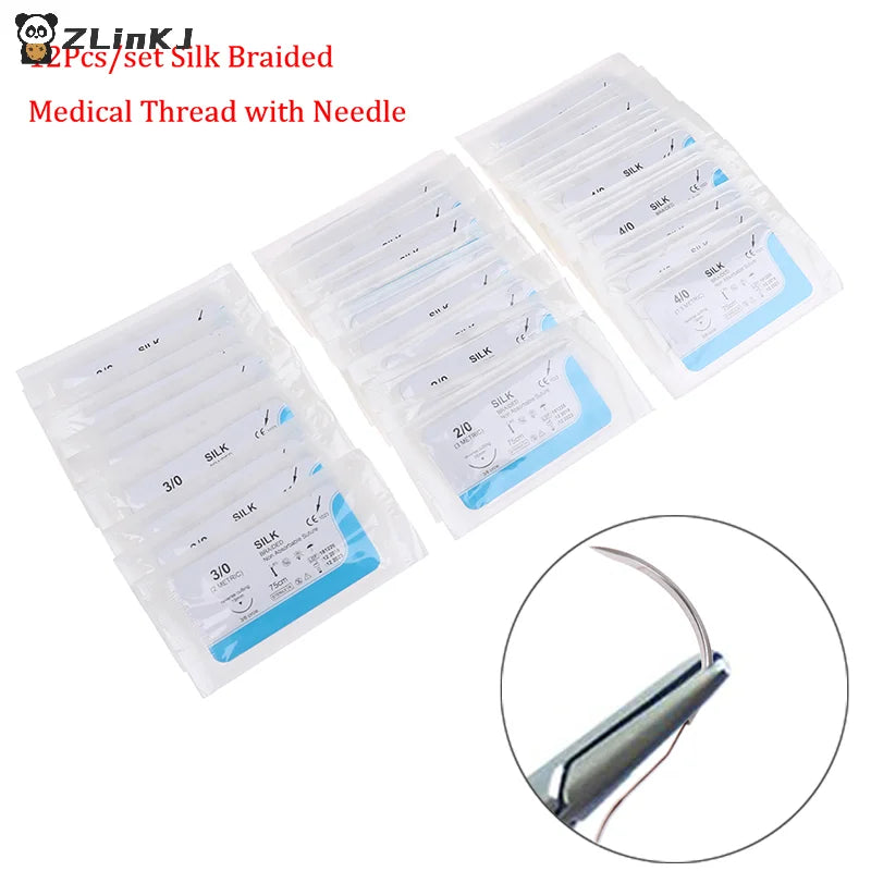 ▶12PCS 2.0/3.0/4.0 Dental Surgical Needle Silk Thread Suture Surgical Practice Kit Zpaxo
