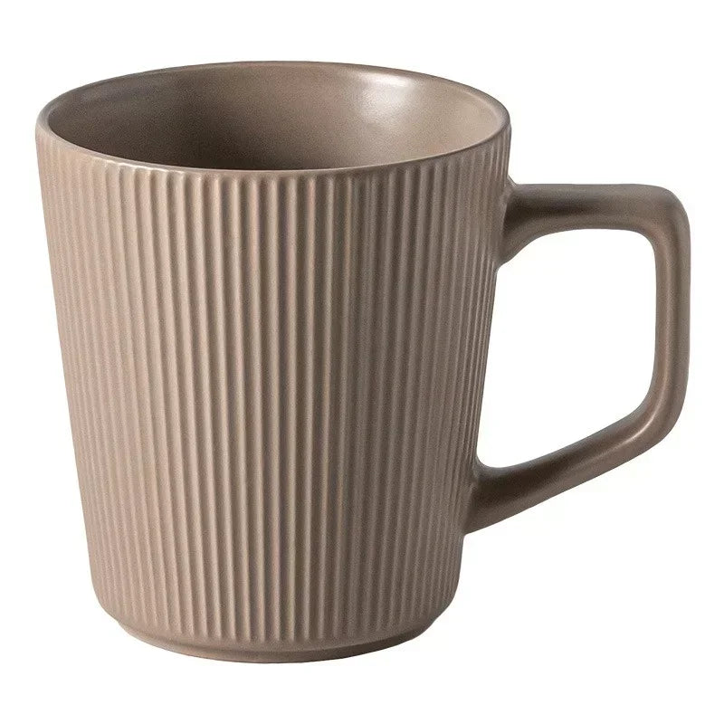 Nordic Embossed Ceramic Coffee Mug 500ml | Striped Handle Ceramic Coffee Mug Zpaxo Brown 500ml