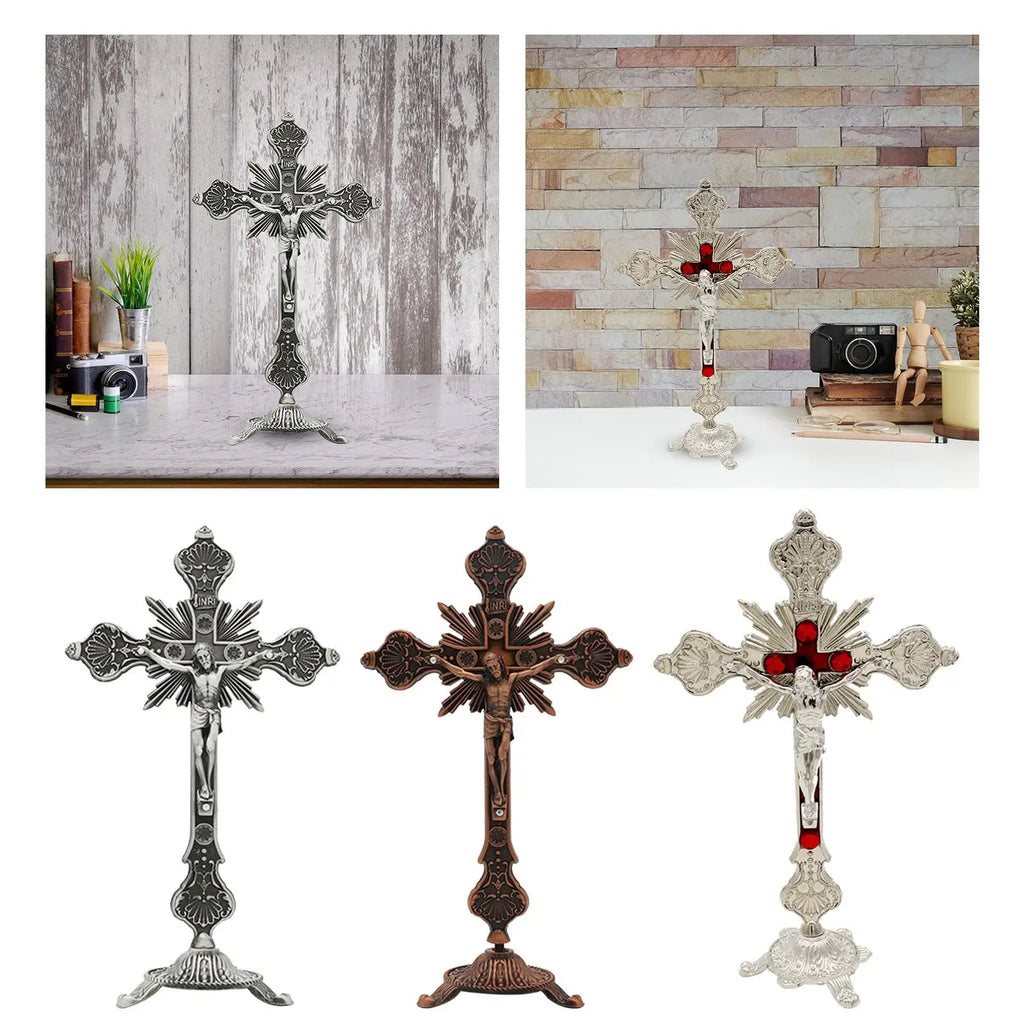 Standing Crucifix 10" Metal Jesus Cross with Tabletop Stand Religious Crucifix Decor Zpaxo